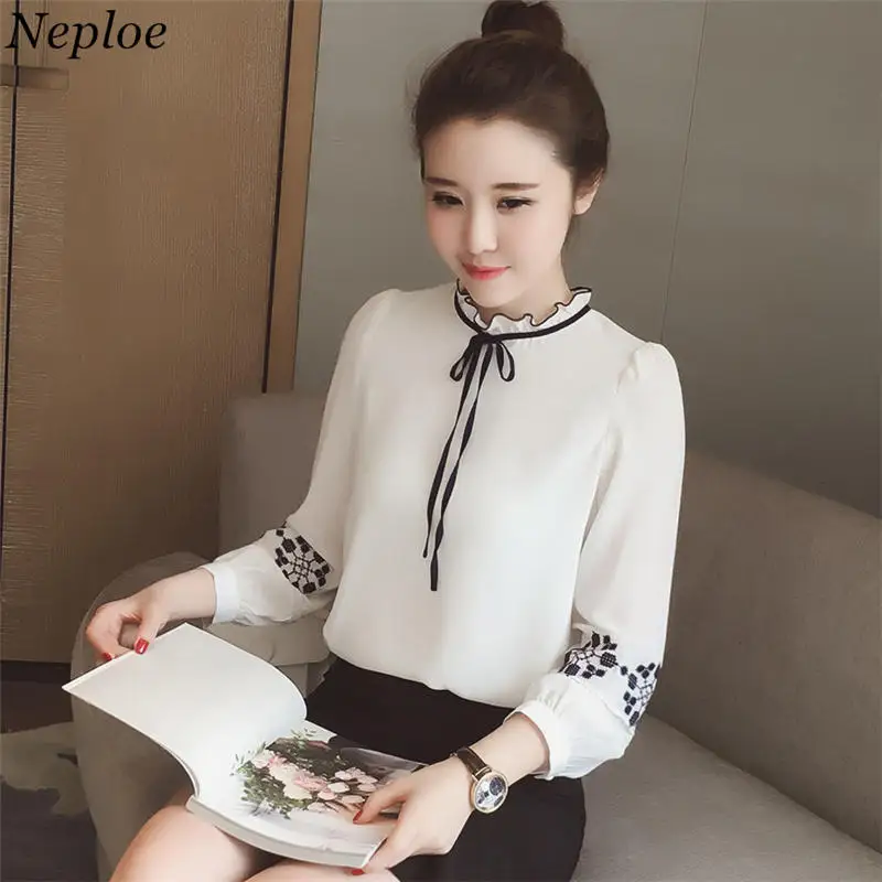 Neploe White Chiffon Blouse Bow Tie Stand Collar Shirts