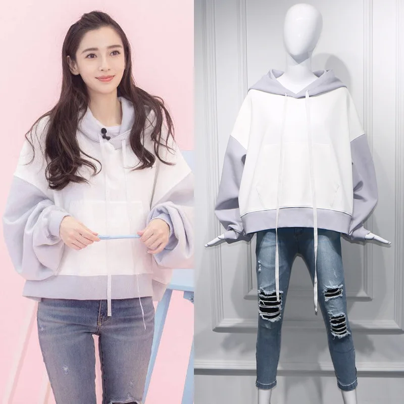 

Baby Yang Ying Has The Same Grey-and-white Tie Hat As Short-cut Loose BF Clothing 2019 Hooded Pullovers Patchwork Sweatshirt