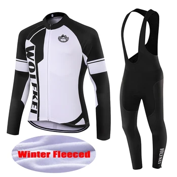 

WOLFKEI 2019 Brand New Winter Thermal Fleece Cycling Jersey long bib tights set Mountain bike Clothing Ropa Ciclismo #WK2579