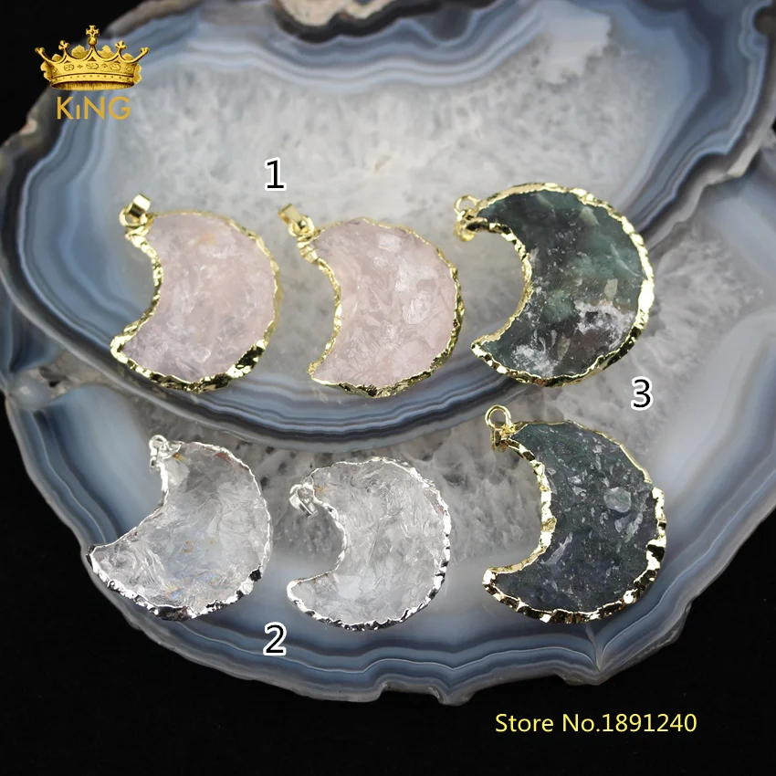 

5pcs/lot Wholesale Crescent Stones Pendants Supplies,Natural Quartz Crystal Achate Gold Plating Edged Charms for Necklace DSS106