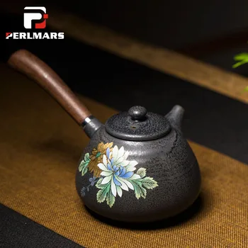 

260ml Japanese Ceramic Teapot Hand-painted Peony Golden Line Coarse Pottery Wooden Side Handle Kung Fu Tea Set Kettle Coffee Pot
