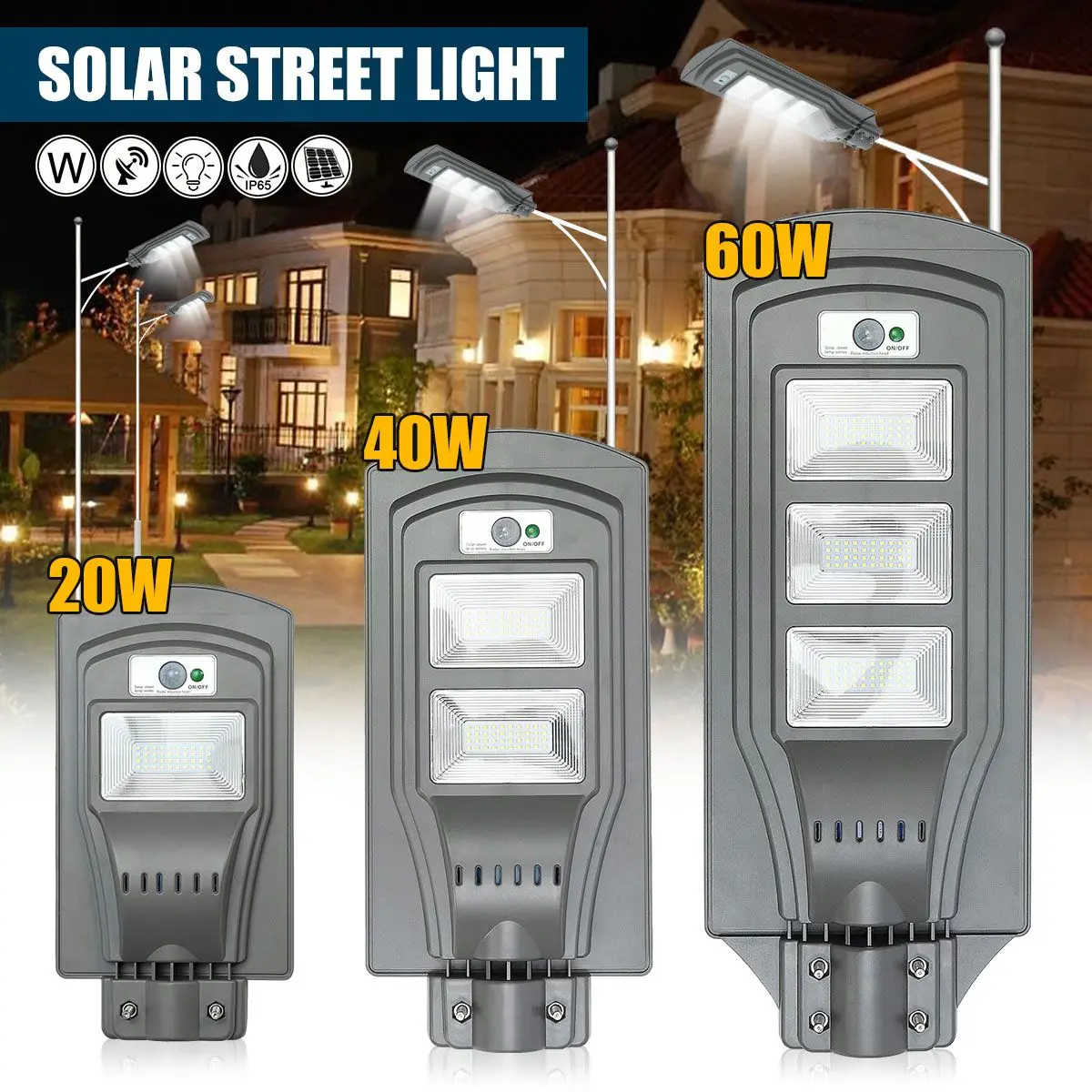 

LED Solar Lamps Wall Street Light 20W/40W/60W Dusk to Dawn High Bright Motion Sensor Waterproof Security Lamp for Garden Yard