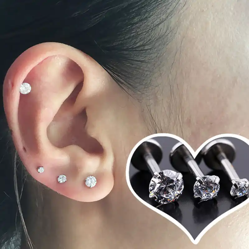 3pcs Set Cubic Zirconia Tragus Piercing Stud Flat Back 16g Cubic Zirconia Tragus Piercing Stud