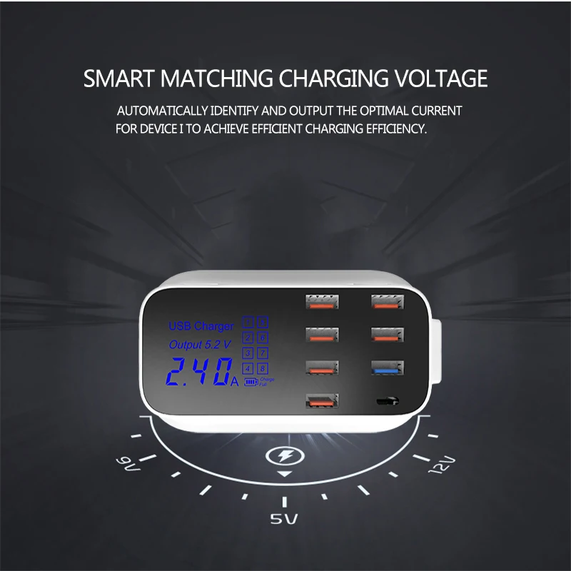 Multi port Smart Charger 7 USB Ports with Type C 40W LCD Digital Display Portable Hub Desktop Wall Charger AC Power Adapter (8)