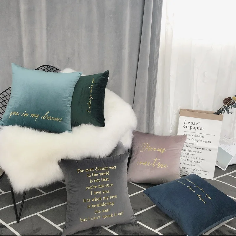 

Nortic Style Letter Embroidery Pillow Case Modern Soft Velvet Pillow Cover Home Decorative Warm Solid Color Cushion Cover 45*45