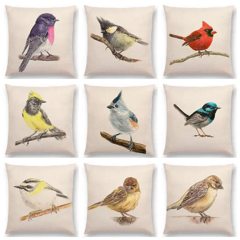 

Birds Watercolor Painting Robin Titmouse Toucan Fairy Sparrow Firecrest Cardinal Bullfinch Beautiful Cushion Cover Pillow Case