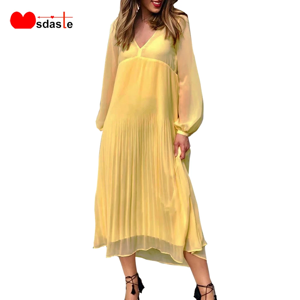 Шифоновое платье для женщин 2019 осень Vestidos De Fiesta V шеи однотонные желтые вечерние