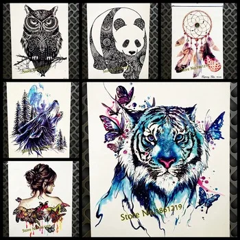 Chic Blue Watercolor Butterfly Tiger Temporary Tattoo For Men Women Body Art Henna Tatoo Fake Waterproof Arm Back Tattoo Sticker