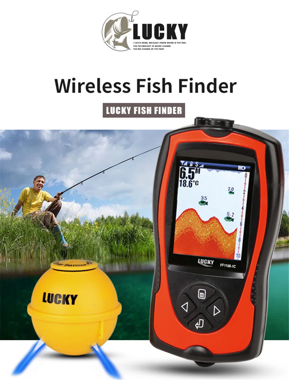 LUCKY FF1108-1CWLA Wireless Sonar Fishing Finder Transducer ICE/Ocean/Boat Fish Finder Alarm Fish Finder Sonar Sensor Fishing