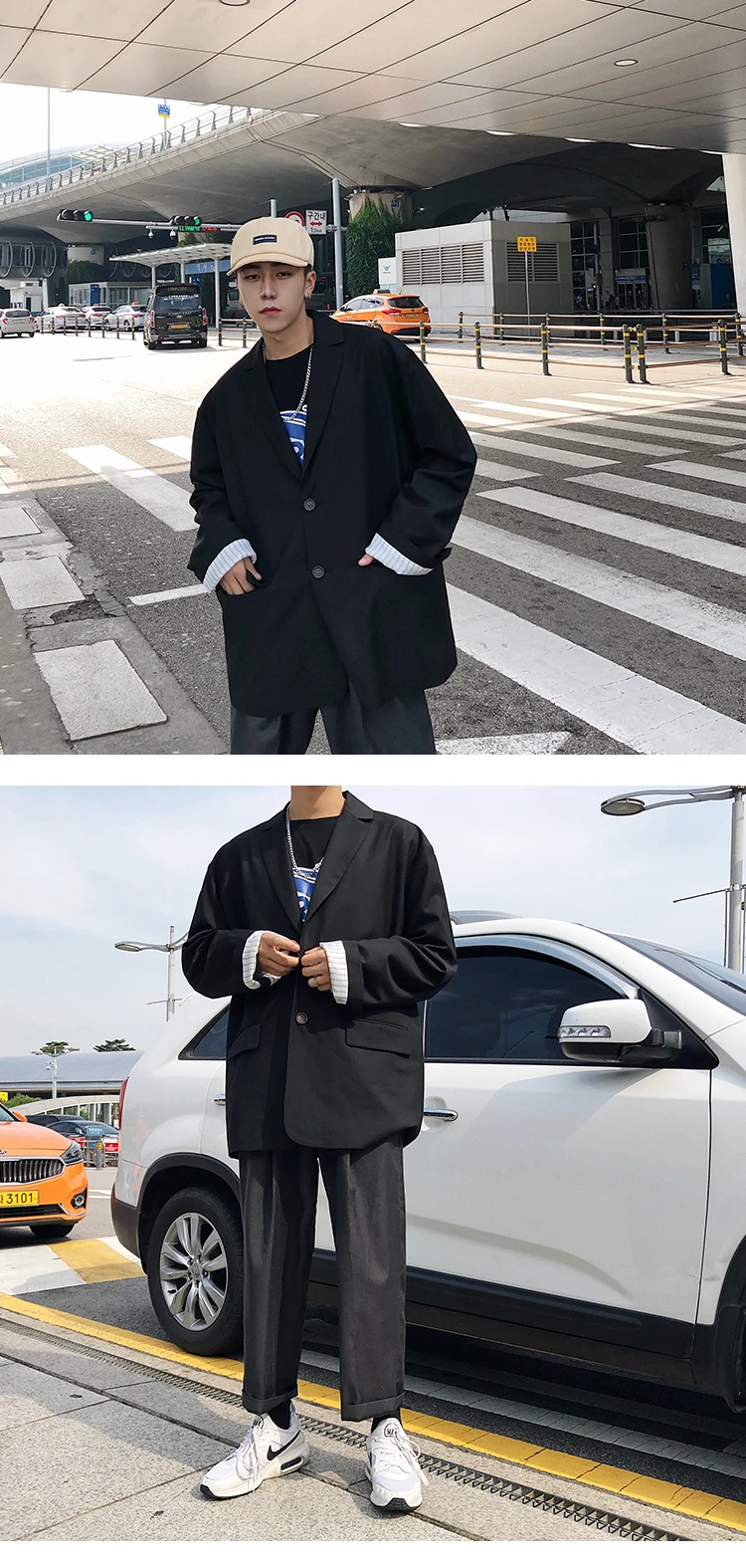 2018 Корейская Осень Новые Мужская Мода High Street высокого качества с лацканами Блейзер свободные Повседневное черный/серый Цвет костюм пальто