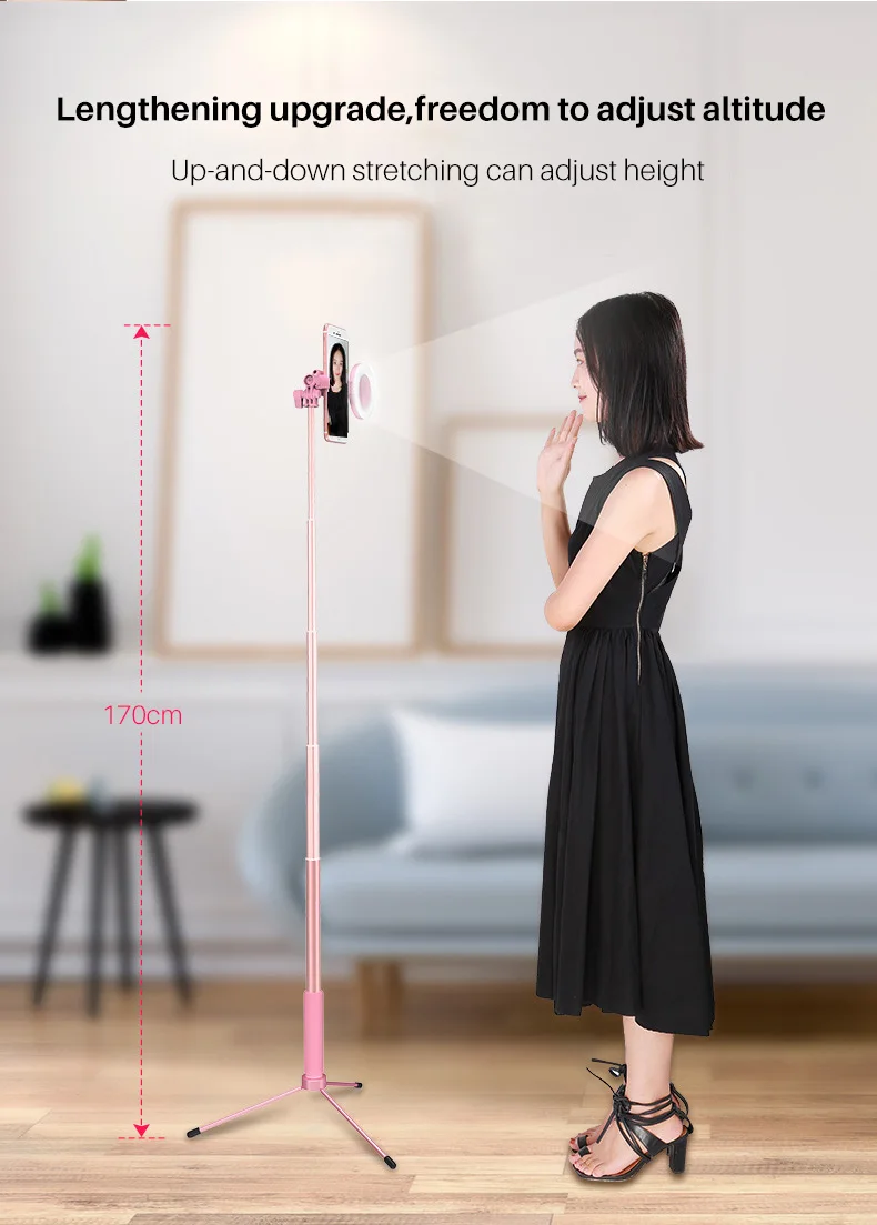 1.7m Extendable live Tripod Selfie Stick LED Ring light Stand 4 in 1 Monopod Phone Mount 2
