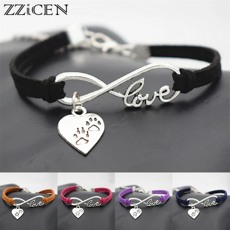 

Fashion Best Friends Gift Antique Silver Infinity Love Animal Cute Puppy Dog's Claw Paw Charm Heart Pendant Leather Bracelets