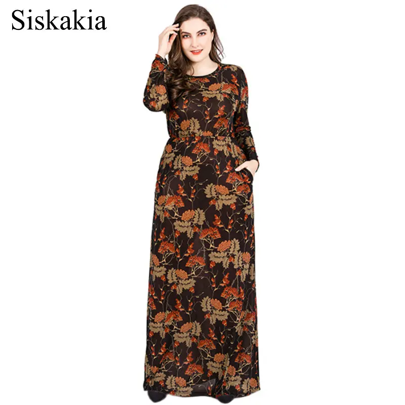 

Siskakia Autumn 2019 Maxi Long Dress for Women Vintage Ethnic Printing Plus Size Dresses Brown Round Neck Long Sleeve 6XL 5XL
