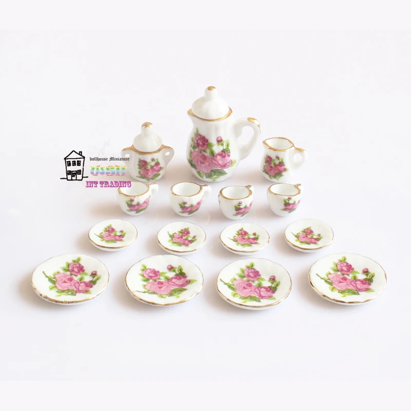 

1/12 Miniature 15PCS Tea Cup Set Red Rose and Golden Trim Porcelain Tableware Kit Dollhouse Kitchen Accessories