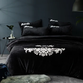 

Black embroidery Luxury winter Bedding sets 4Pcs Queen size Fleece fabric Bed set Bed linen Duvet cover pillow