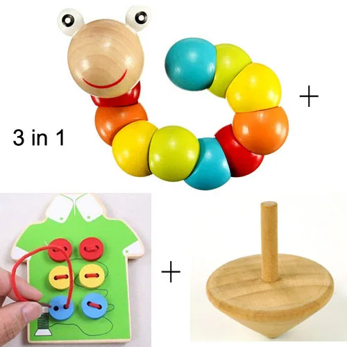 

Baby Toys 3 In 1 Early Learning Set Wooden Toy Spinning top + Twisting Worm + Button Beads WAP002