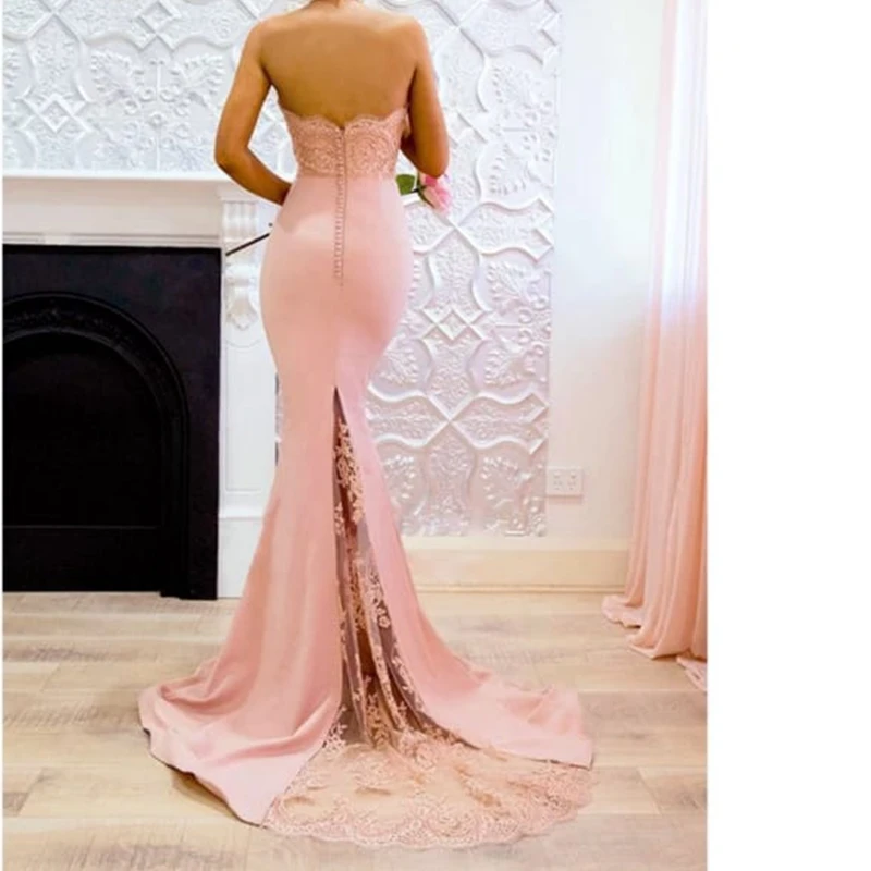 New Arrival Pink Mermaid Evening Gowns 2019 Cheap Evening Dresses Long Halter-Neck Elastic Satin Appliques Lace evening dress