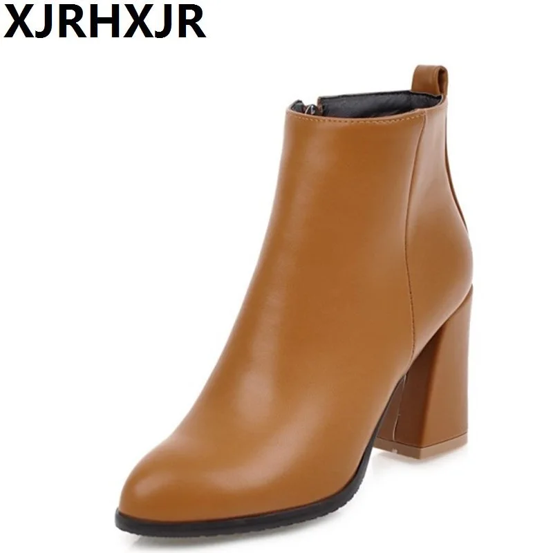 

XJRHXJR Big Size 34-43 Shoes Woman Autumn Winter Pointed Toe Short Boots Ladies Fashion Square Heel Side Zipper Ankle Boots