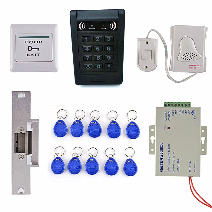 1000 Standard Users ID Card Door Access Control Kit + Strike Door Lock +Door Release Button+RFID Card
