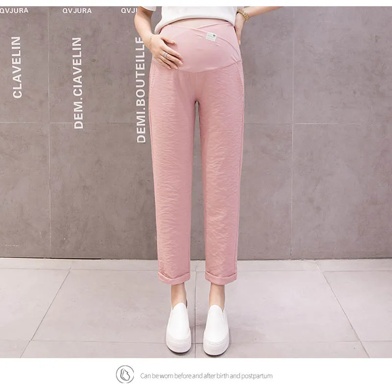 Модные женские брюки из хлопка для беременных; сезон весна-лето; черные, серые, розовые брюки для беременных; регулируемые брюки для беременных - Цвет: Розовый