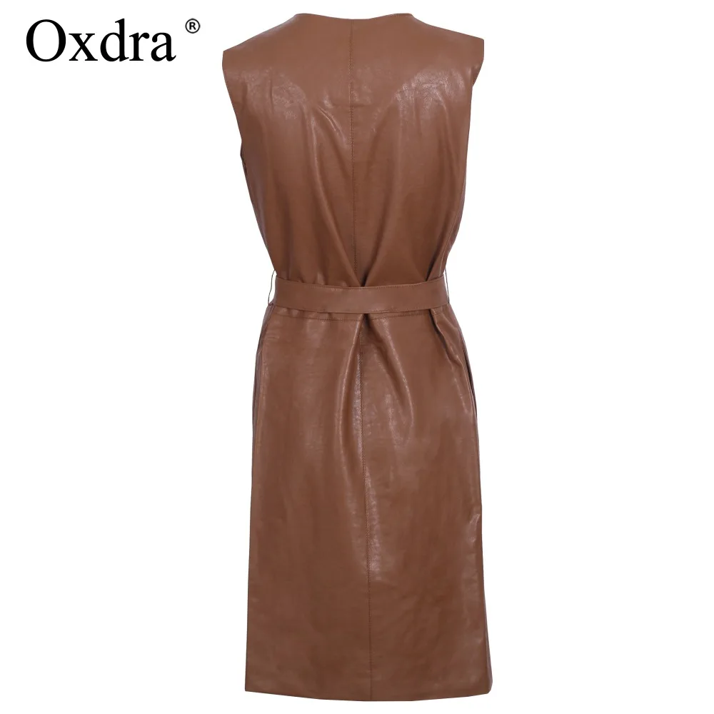 Oxdra 2018 Spring Autumn New Sleeveless Pu Leather Long jackets Women Solid Color Turn Down Collar Sashes Jackets Outerwear