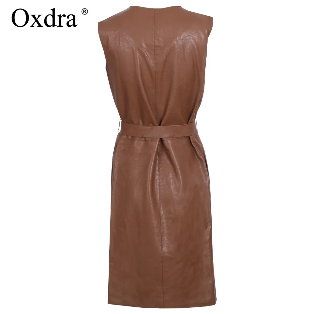 Oxdra 2018 Spring Autumn New Sleeveless Pu Leather Long jackets Women Solid Color Turn Down Collar Sashes Jackets Outerwear Oxdra 2018 Spring Autumn New Sleeveless Pu Leather Long jackets Women Solid Color Turn Down Collar Sashes Jackets Outerwear