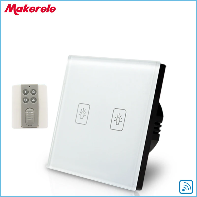 Remote Touch Switch EU Standard 2 Gang 1 way RF Remote Control Light Switch White Crystal Glass Panel with Remote control