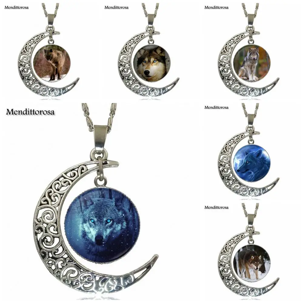 Модные Стекло ожерелье с кабошоном с Полумесяца для женщин утверждающий кулон цепочки и ожерелья s украшения для детей Синий Волк Глаза