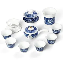 Голубой и белый фарфоровый кунг-фу чайный сервиз керамический японский домашний простой чайник чашки Подарочная коробка высокого белого цвета из нефрита и фарфора