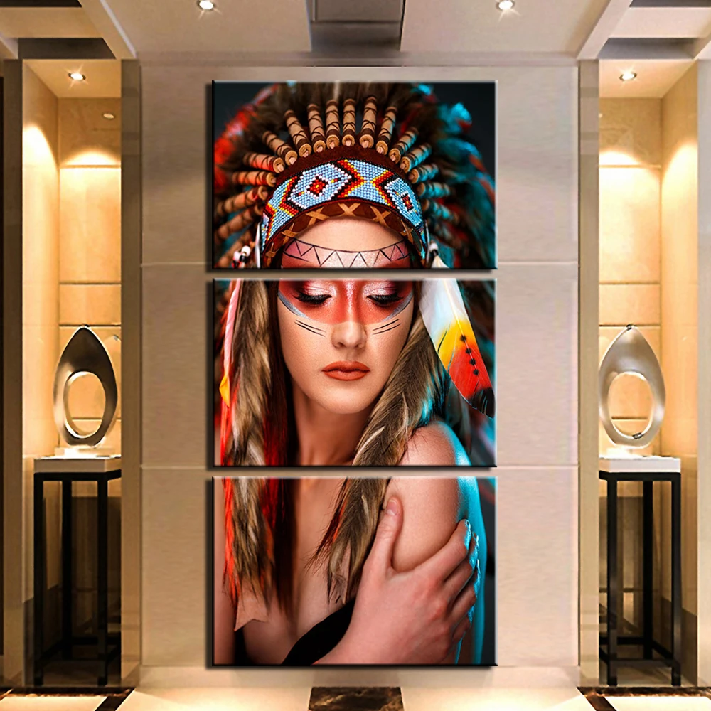 

HD Prints Pictures Modern Canvas For Living Room Home Decor 3 panels Native warrior beautiful Paintings Modular Wall Art Poster
