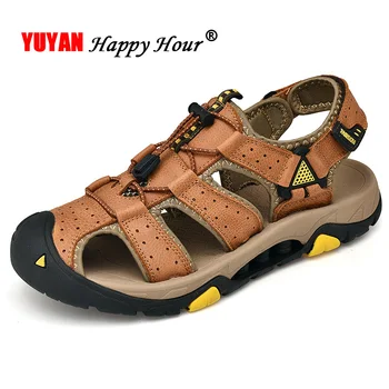 

Genuine Leather Shoes Men Sandals Casual Men Beach Sandals Cow Leather Flat Non-slip 2019 Summer Male Shoes KA1277