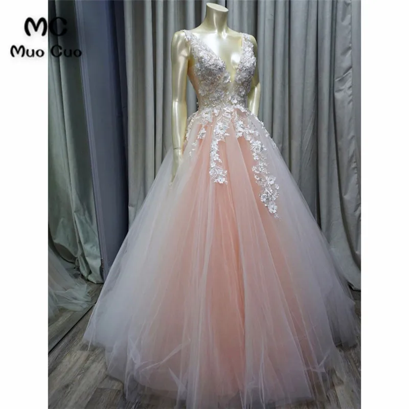 

2018 Blush Pink A-Line Wedding Dresses with Appliques Lace Robe de mariage Tulle vestido de noiva Sweep Train Bridal Gowns
