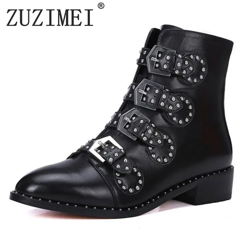 

Genuine leather Motorcycle boots Biker Shoes Women Suede Pointed Snow Boots Brand Shoe Woman Flats Punk Size 33-43