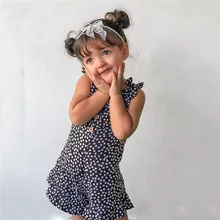 Черно-белые комбинезоны в горошек в стиле ретро для детей; летние модные Свободные Комбинезоны без рукавов для маленьких девочек; Повседневные детские комбинезоны с бантом