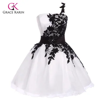 Grace Karin One shoulder puffy Lace Short Prom Dresses 2017 White Black Blue Yellow Organza sexy Evening prom Gowns 4288
