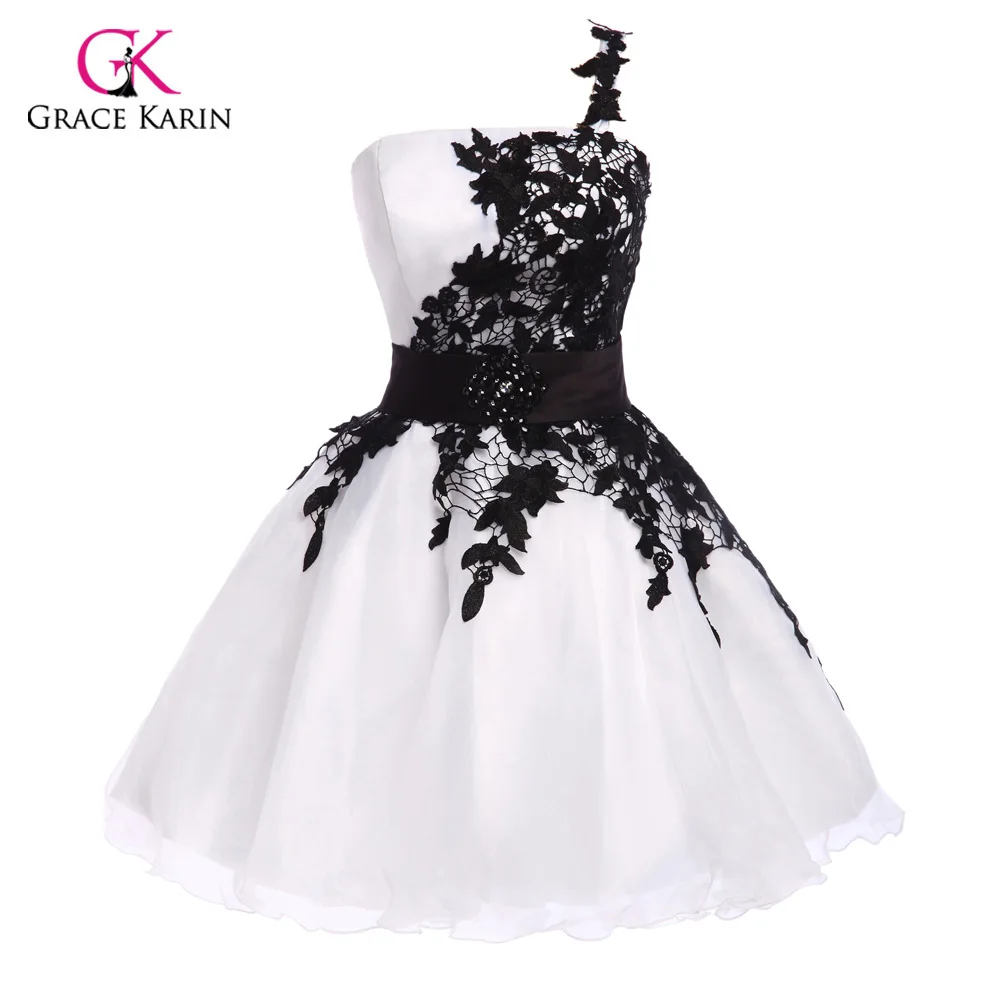 Image Grace Karin 1pc lot One shoulder White   Black Organ Satin (High Quality Organza) + Lace Short Prom Dress CL4288