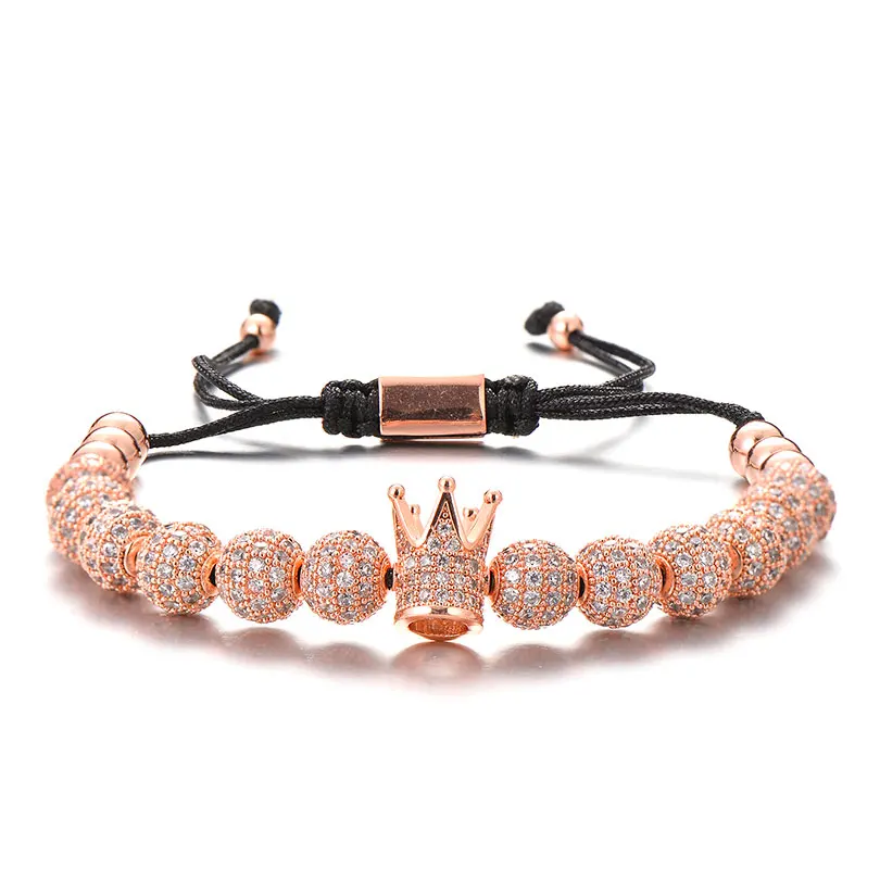 CZ Crown Rose gold Neovivi классические браслеты с короной циркония круглые многоугольные бусины DIY хип хоп мужские ювелирные изделия Плетение макраме браслет письмо Pulseira - Окраска металла: CZ Crown Rose gold