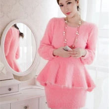 Натуральный норковый кашемировый свитер для женщин плюшевые настоящий норковый свитера пуловеры свитер+ юбка на бедрах свободного покроя на заказ S77