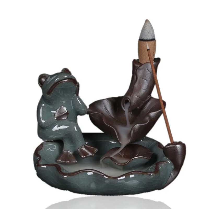Ceramic Home Decoration Crafts Lotus Incense Burner Backflow Cones Incense Holder Frog Lotus