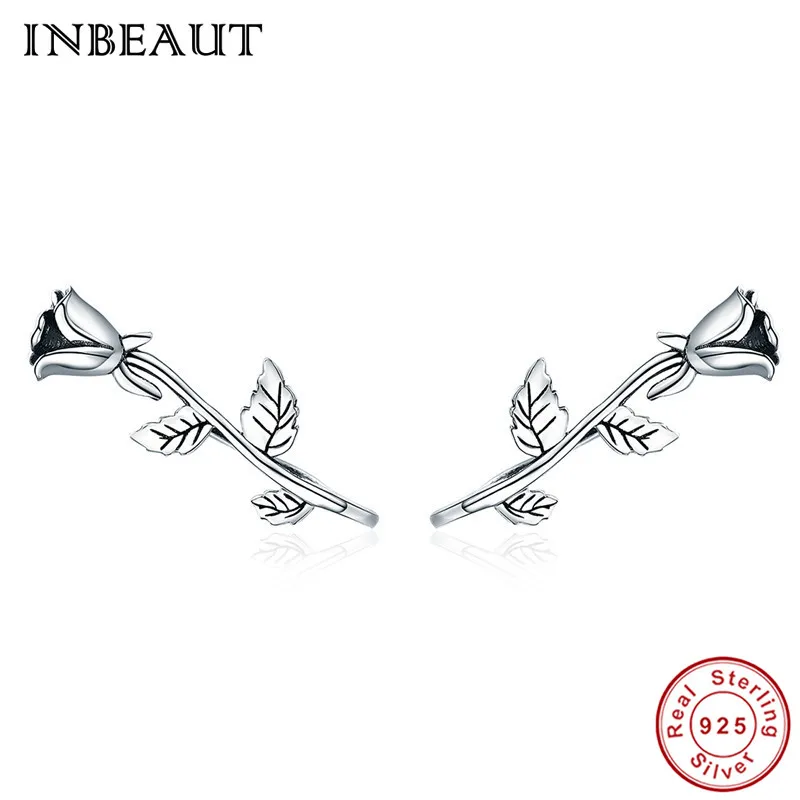 

INBEAUT 2018 New Fashion Earrings 925 Sterling Silver Romantic Rose Shaped Stud Earrings Women Flower Engraved Wedding Jewelry