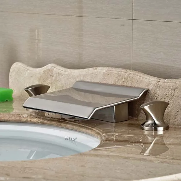 

Brand NEW 3PCS Brushed Nickel Waterfall Bathroom Sink Faucet Square Handles Basin Mixer Tap