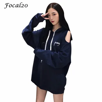 

Focal20 Harajuku Off Shoulder Hole Hoodie Women Sweatshirt Pullover Long Sleeve Casual Loose Female Long Sweatshirt Tracksuit