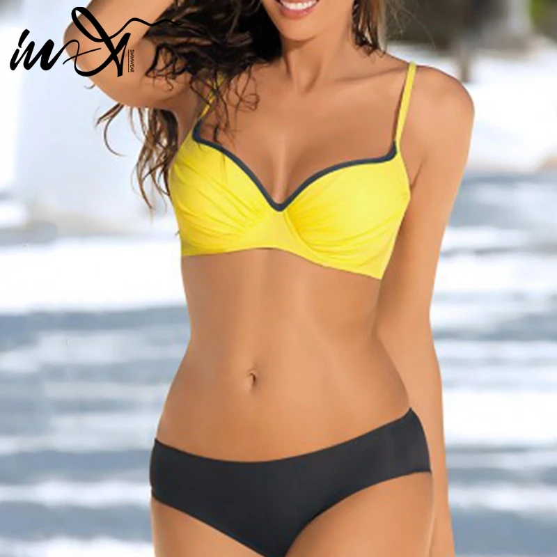 

In-X Plus size swimwear women Push up bikinis 2019 mujer Yellow bikini Sexy swimsuit female Beachwear large size Bathing suit XL