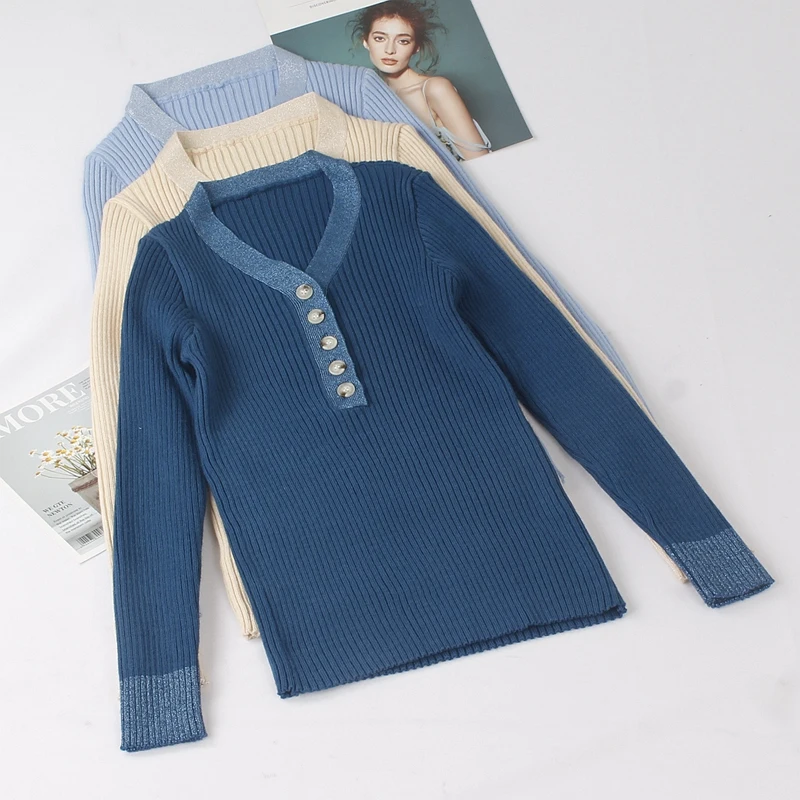 

GIGOGOU Lurex Glitter V Neck Women Sweater Autumn Winter Warm Pullover Jumper Fashion Sexy Basic Rib Female Sweater Top