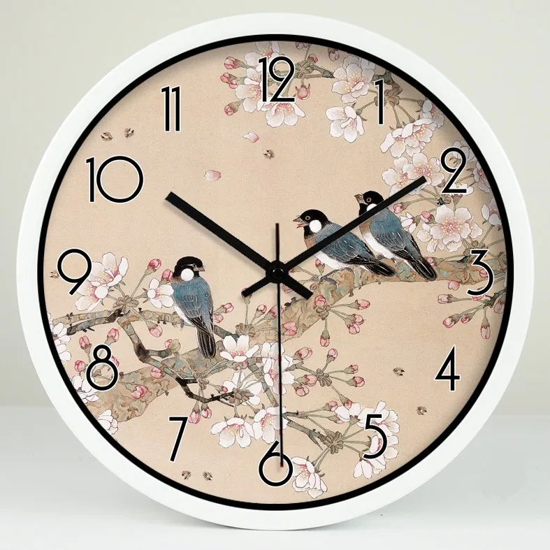 Chinese Style Small Birds Plum Quartz Clock Living Room Mute Wall Clock