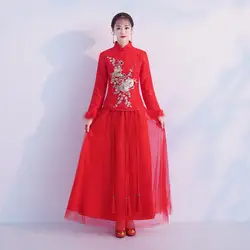 Невеста Cheongsam Винтаж китайский Стиль свадебное платье ретро тост Костюмы Леди Вышивка Феникс платье брак Qipao красная одежда