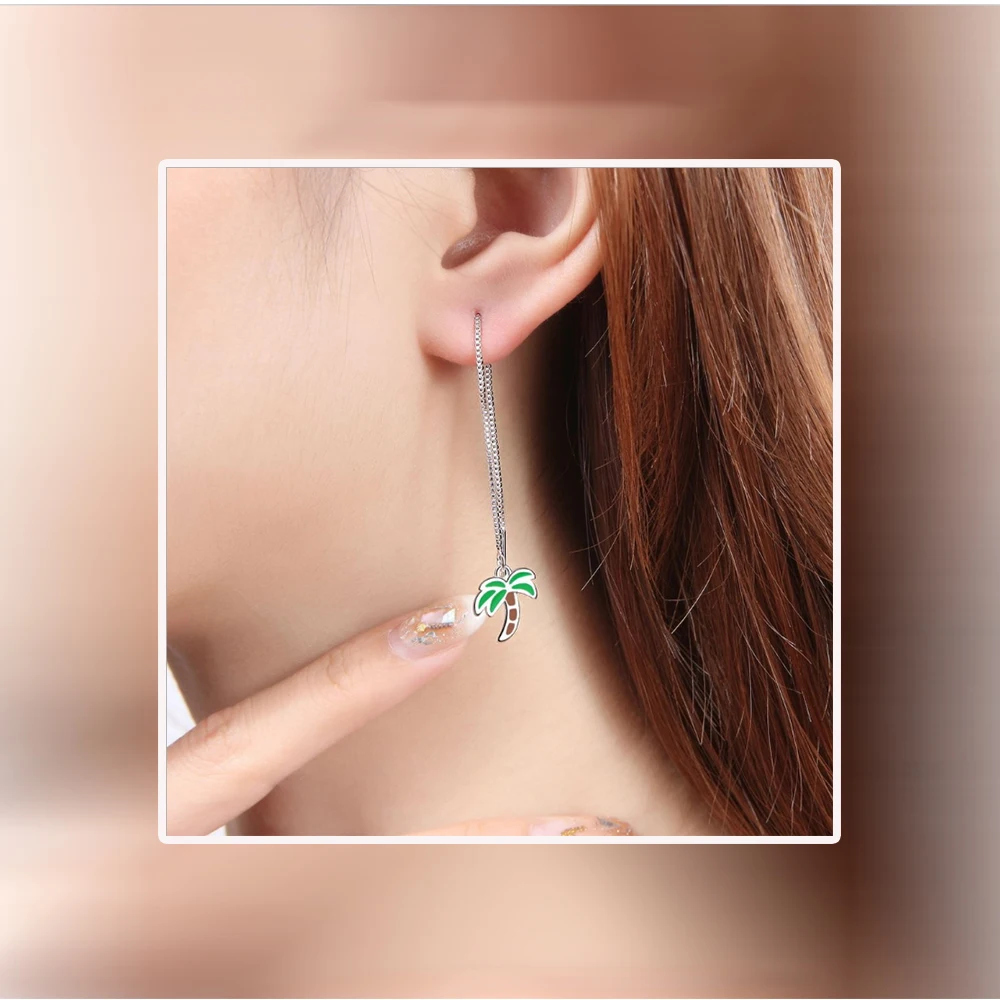 

Silver plated coconut tree earrings female Korean version of the wind Sen sweet leaves long ear line literary hollow ear jewelry
