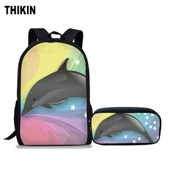 

THIKIN 2Pcs/set Kids Cute Dolphin Star Print School Bags for Teeanger Girls School Backpacks Middle School Students Mochila
