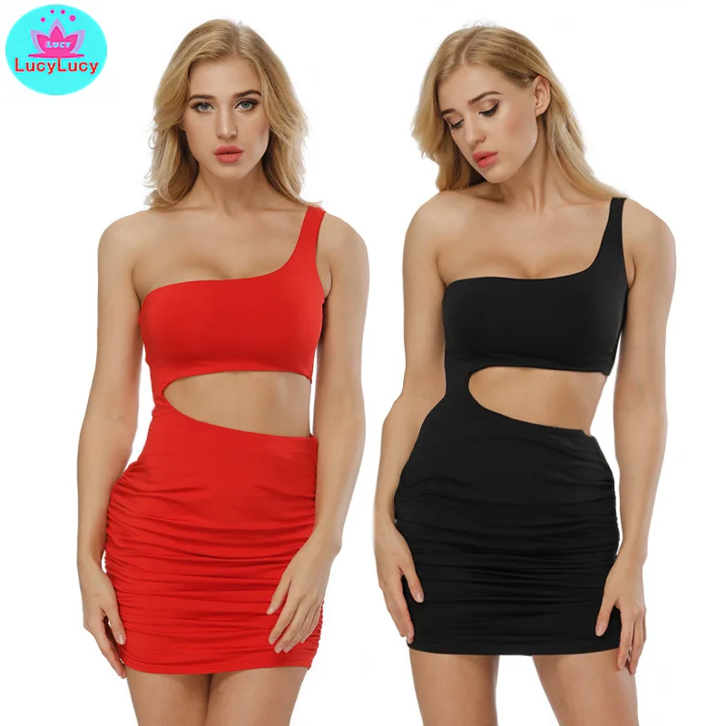 

2019 European and American Summer new women's nightclub sexy bag buttock shoulder stitching, navel dress One-Shoulder