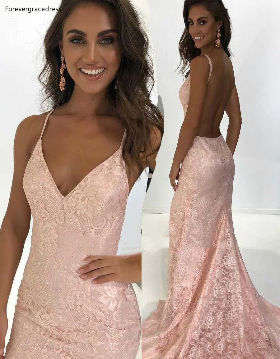 Gorgeous Blush Pink Lace Mermaid Evening Dresses Sexy 2019 Backless Spaghetti Straps Vestidos de Longue Party Prom Gowns BC0790  124 (5)